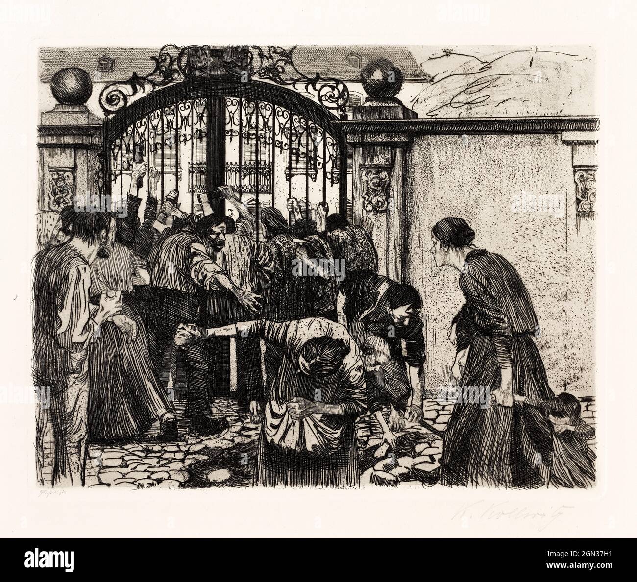 Käthe Kollwitz, Storming the Gate, etching, 1898 Stock Photo