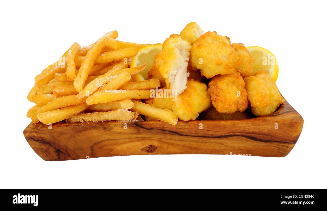 Tempura battered chicken nuggets and French fries in an olive wood