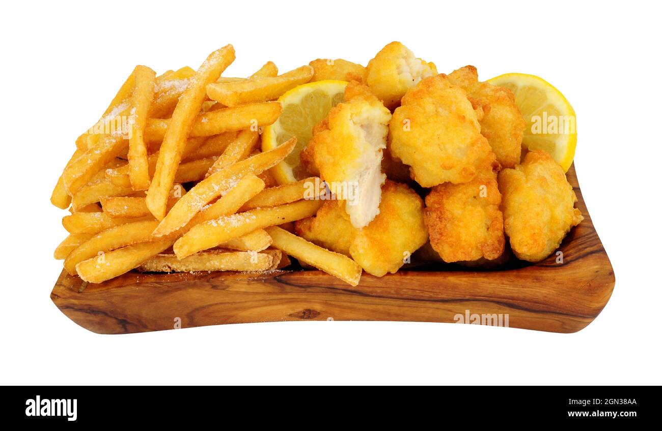 Tempura battered chicken nuggets and French fries in an olive wood