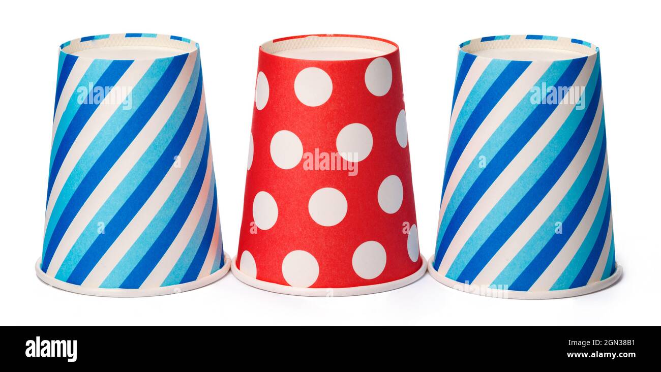 Paper disposable cups with colored pattern isolated on white background Stock Photo