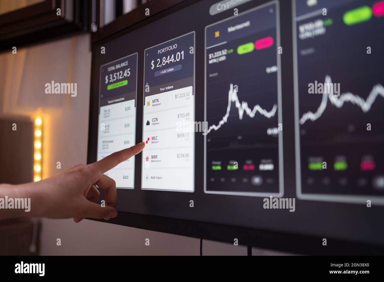 Crop anonymous female trader pointing at monitor with cryptocurrency and  crypto wallet statistics Stock Photo - Alamy