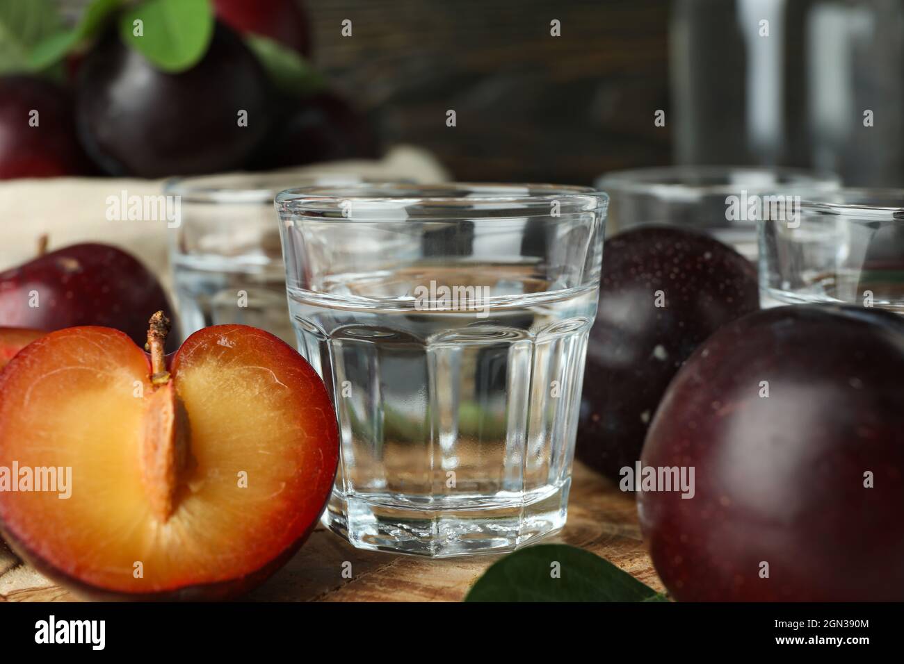 Concept of alcohol with plum vodka, close up Stock Photo Alamy