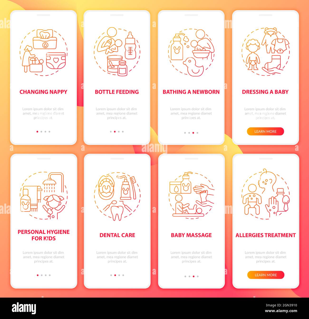 Raising child red gradient onboarding mobile app page screen set Stock Vector