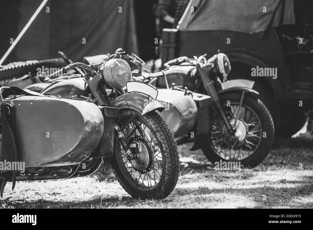 World War II German Wehrmacht Old Tricars, Three-wheeled Motorcycles in Camp Stock Photo