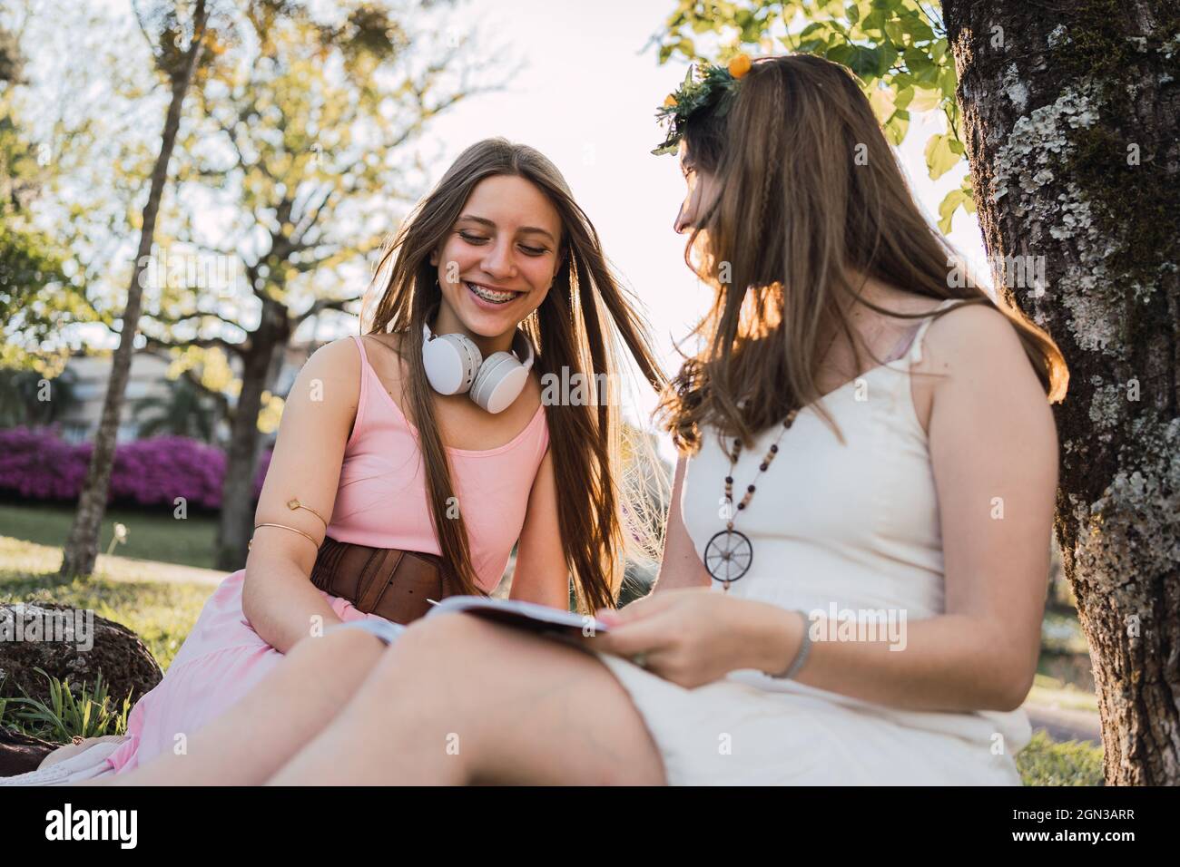 Park In Rear girlfriends in sundresses sharing textbook while sitting on meadow in ...