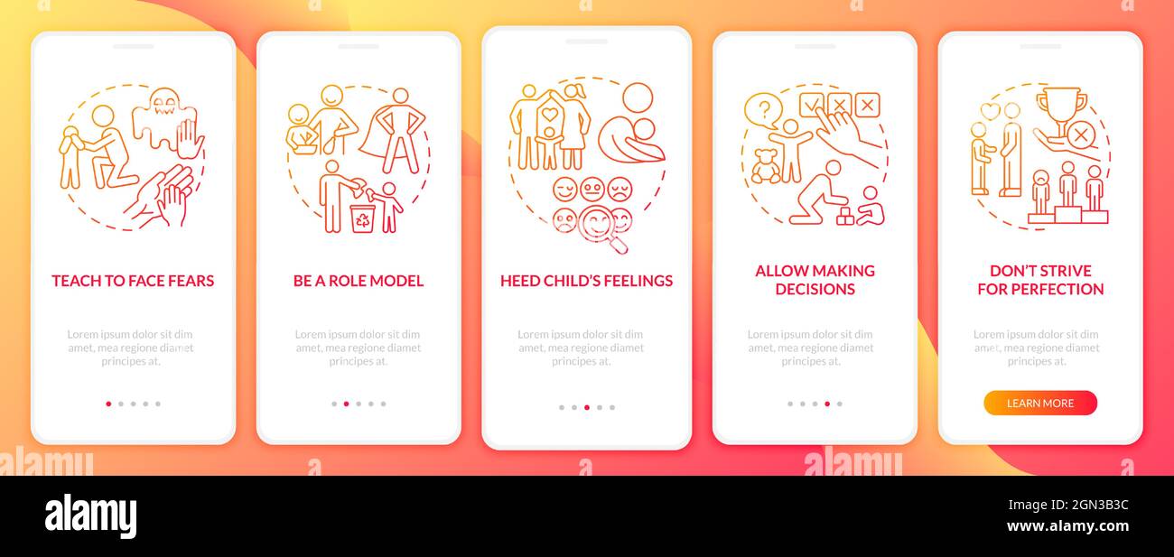 Bringing up tips red gradient onboarding mobile app page screen Stock Vector