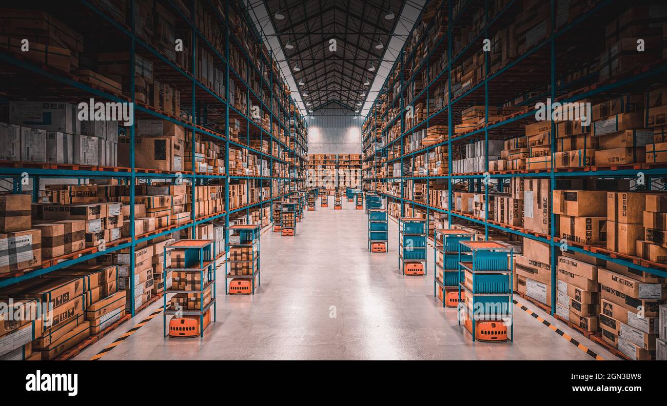 modern warehouse with automated goods movement system. 3d render. Stock Photo