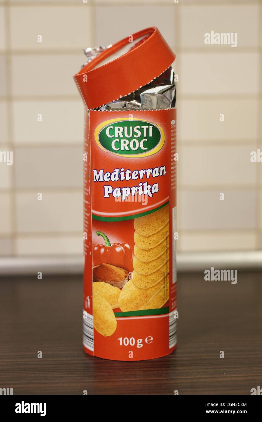 POZNAN, POLAND - Jun 10, 2017: An opened container of the CRUSTI CROC  product's crunchy paprika flavored chips Stock Photo - Alamy