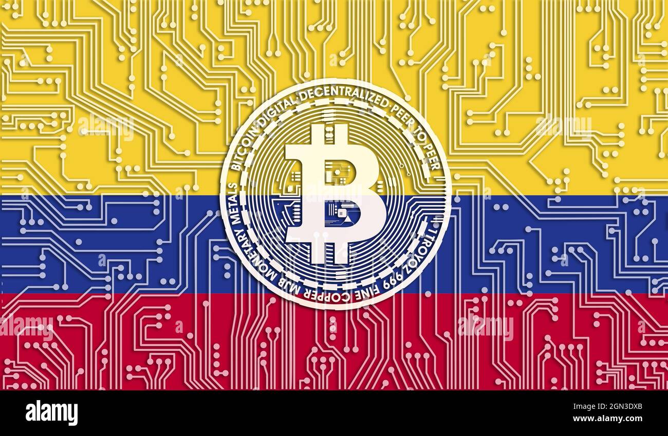 flag of Colombia and bitcoin, Integrated Circuit Board pattern. Bitcoin  Stock Growth. Conceptual image for investors in cryptocurrency and  Blockchain Stock Photo - Alamy