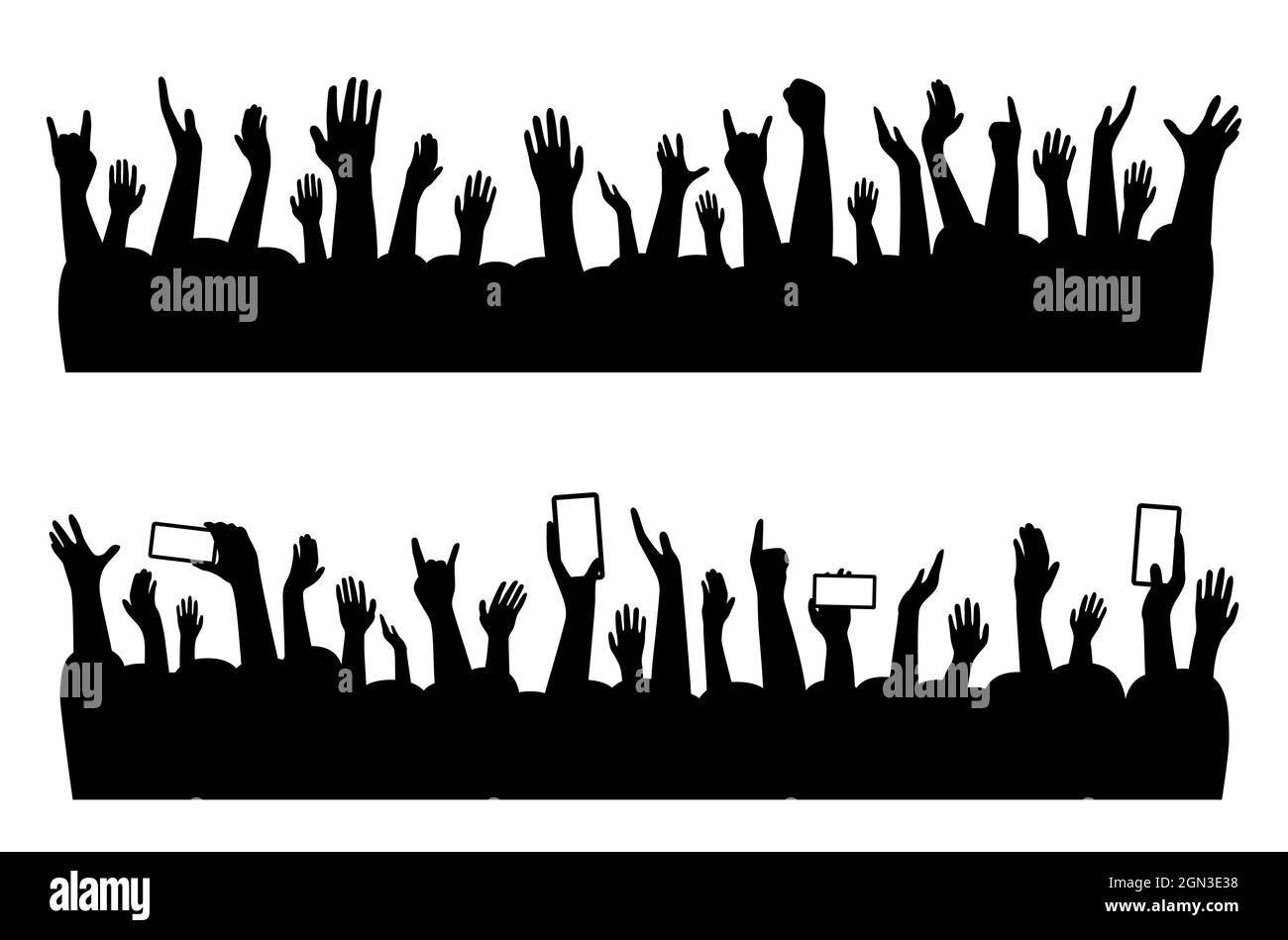 Musical concert hands of people crowd silhouette, vector music party audience background. Music band festival people hands shadow for dance or cheers on rock concert stage or show applause Stock Vector