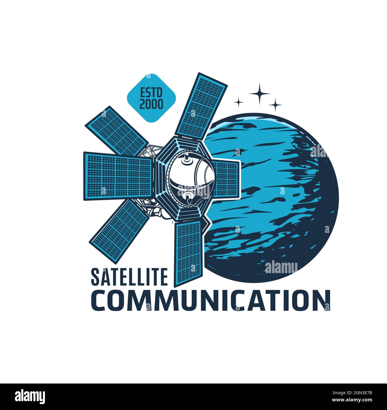 Telecommunication satellite icon, space station or galaxy orbital spaceship vector emblem. Galaxy and space telecommunication, broadcast and navigation systems technology, orbiter satellite Stock Vector