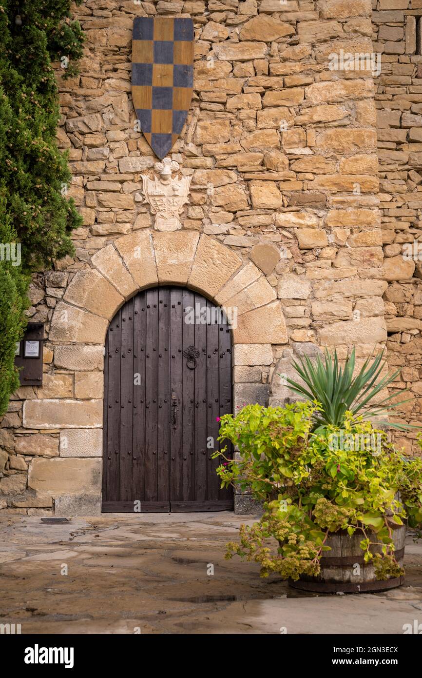 picturesque wooden door in montsonis castle wall with medieval shield Stock Photo