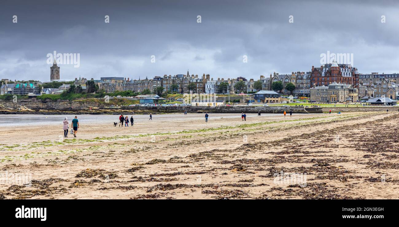 St Andrews in Fife, Scotland, viewed from the long West Sands beach. Stock Photo