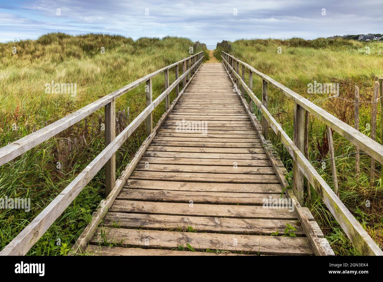Walkway to West Sands Beach. The long stretch of beach at West Sands in St Andrews, Fife, is backed by low dunes. Stock Photo
