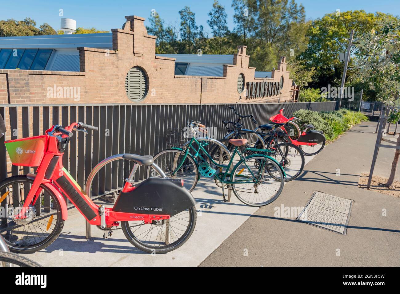 A bicycle parking rack with owned and hire bicycles at the Tramsheds
