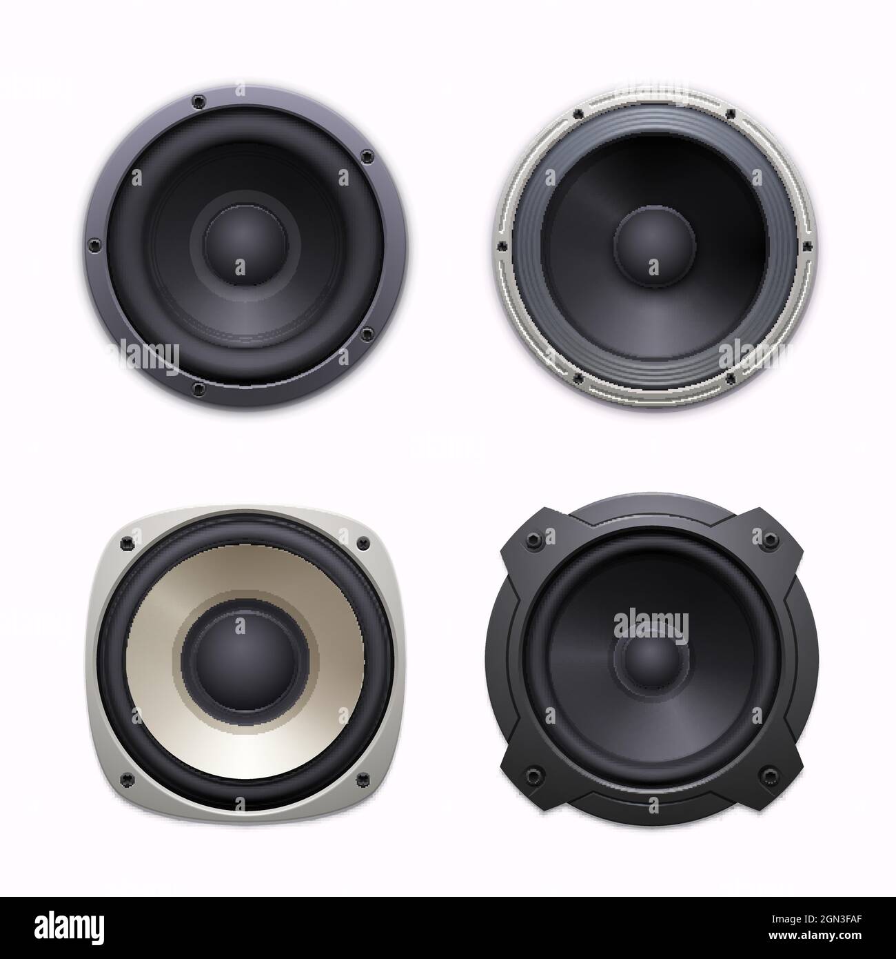 Lijkenhuis liefde dreigen Sound speakers, stereo audio music system icons. Sound system woofers or  drivers, 3d realistic vector dynamic loudspeakers with bolted round and  square metal frame, rubber or foam ring, diaphragm Stock Vector Image