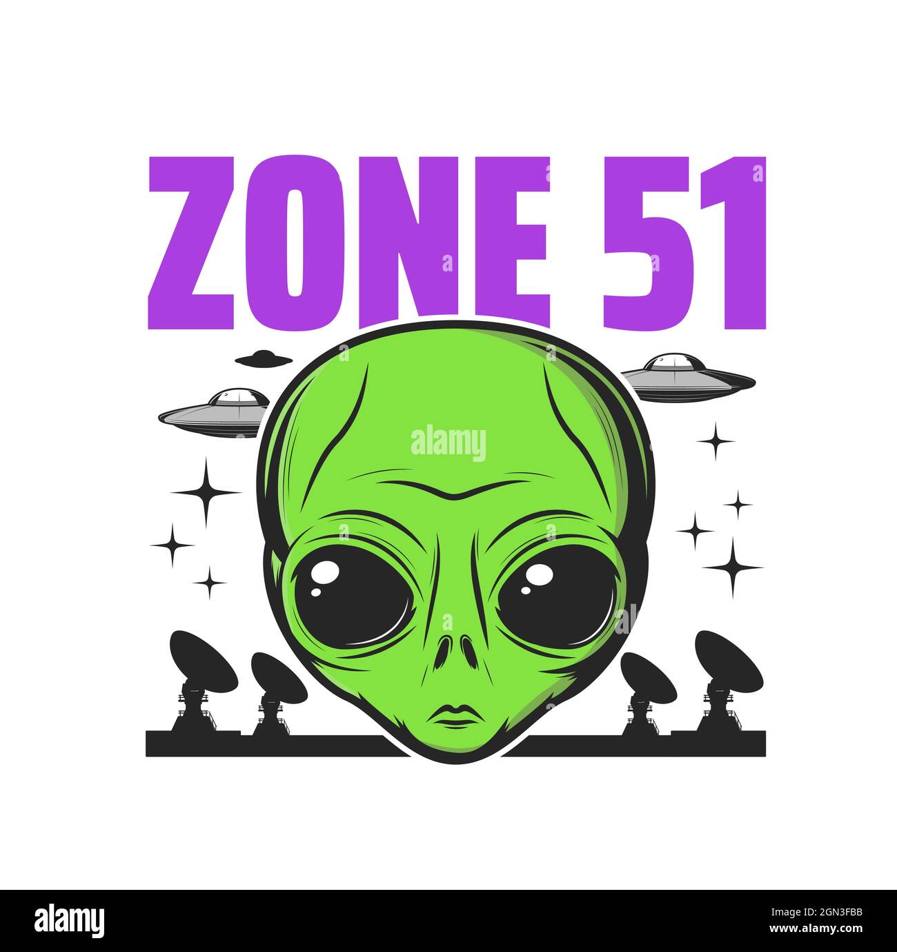 Zone 51 icon, alien activity and UFO conspiracy theory, humanoid vector sign. American top secret zone 51 emblem of alien experiments, martian abduction and paranormal activity area symbol Stock Vector
