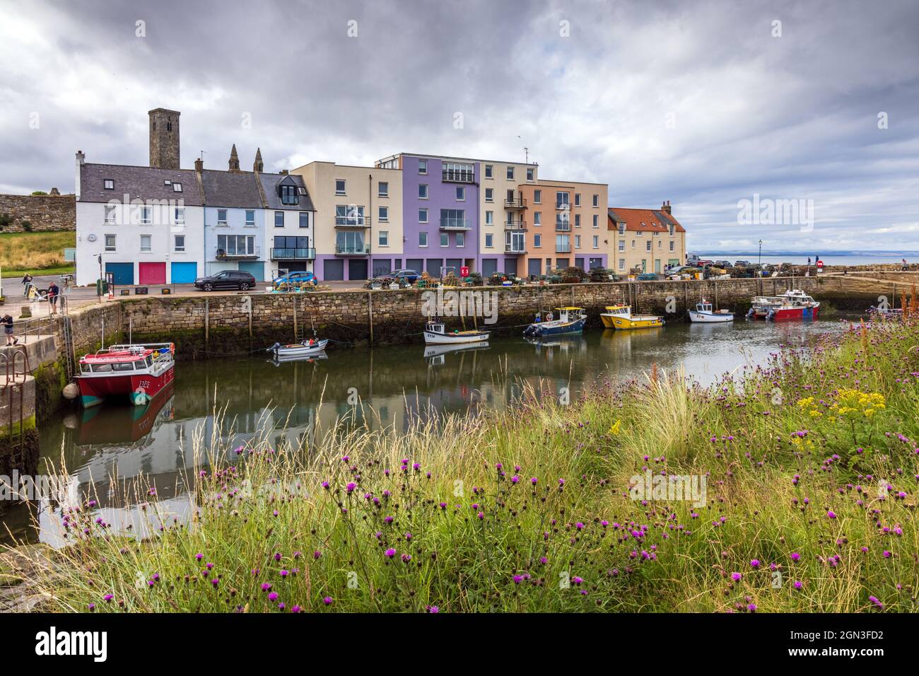 The picturesque harbour and coloured houses of St Andrews in Fife on the east coast of Scotland. Stock Photo