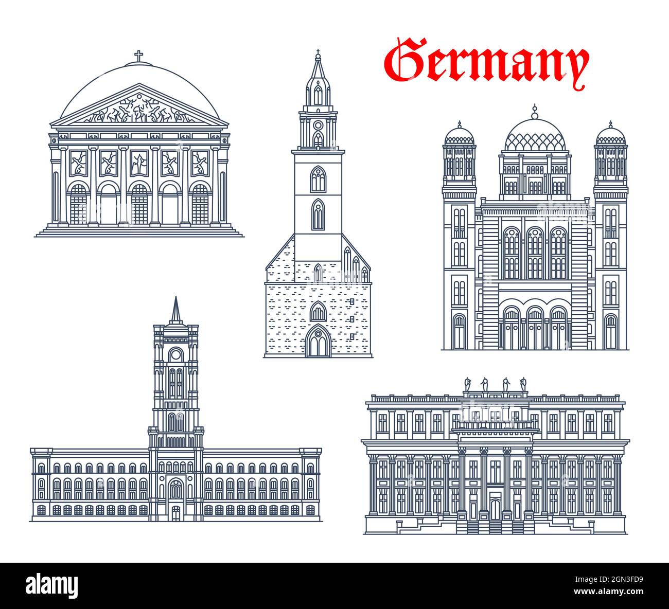 Germany architecture, Berlin buildings and historic landmarks, vector icons. Marienkirche church, Rotes Rathaus and Kronprinzenpalais palace, Saint Hedwig Dom Cathedral and New Synagogue of Berlin Stock Vector