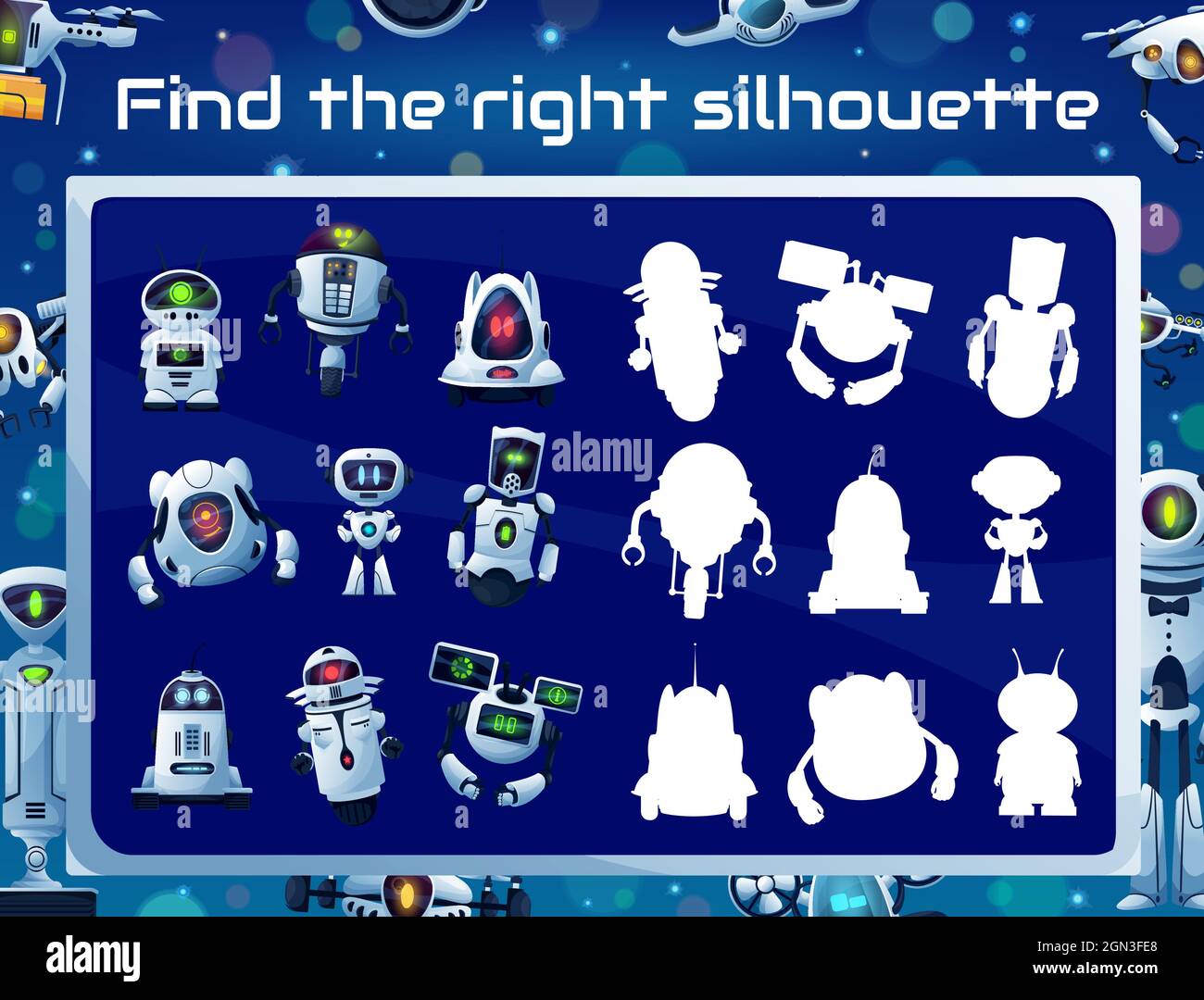 Kids game with robot silhouettes, shadow matching puzzle, memory riddle or  attention test. Education quiz vector template with cartoon robots, white  modern bots and ai droids, drones and androids Stock Vector Image