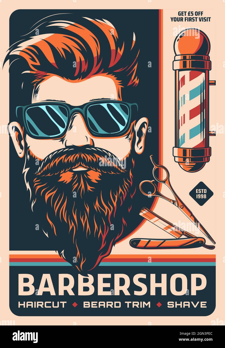 Barbershop retro poster with barber shop pole, vector man with beard and  mustaches. Barbershop men and hipster haircut salon retro poster with razor  blade and gentleman in sunglasses Stock Vector Image &