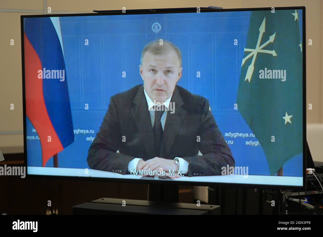 Moscow Region, Russia. 22nd Sep, 2021. Pictured in this image is a video  screen in President Putin's office in the Novo Ogaryovo residence showing  the head of Russia's Republic of Adygea, Murat