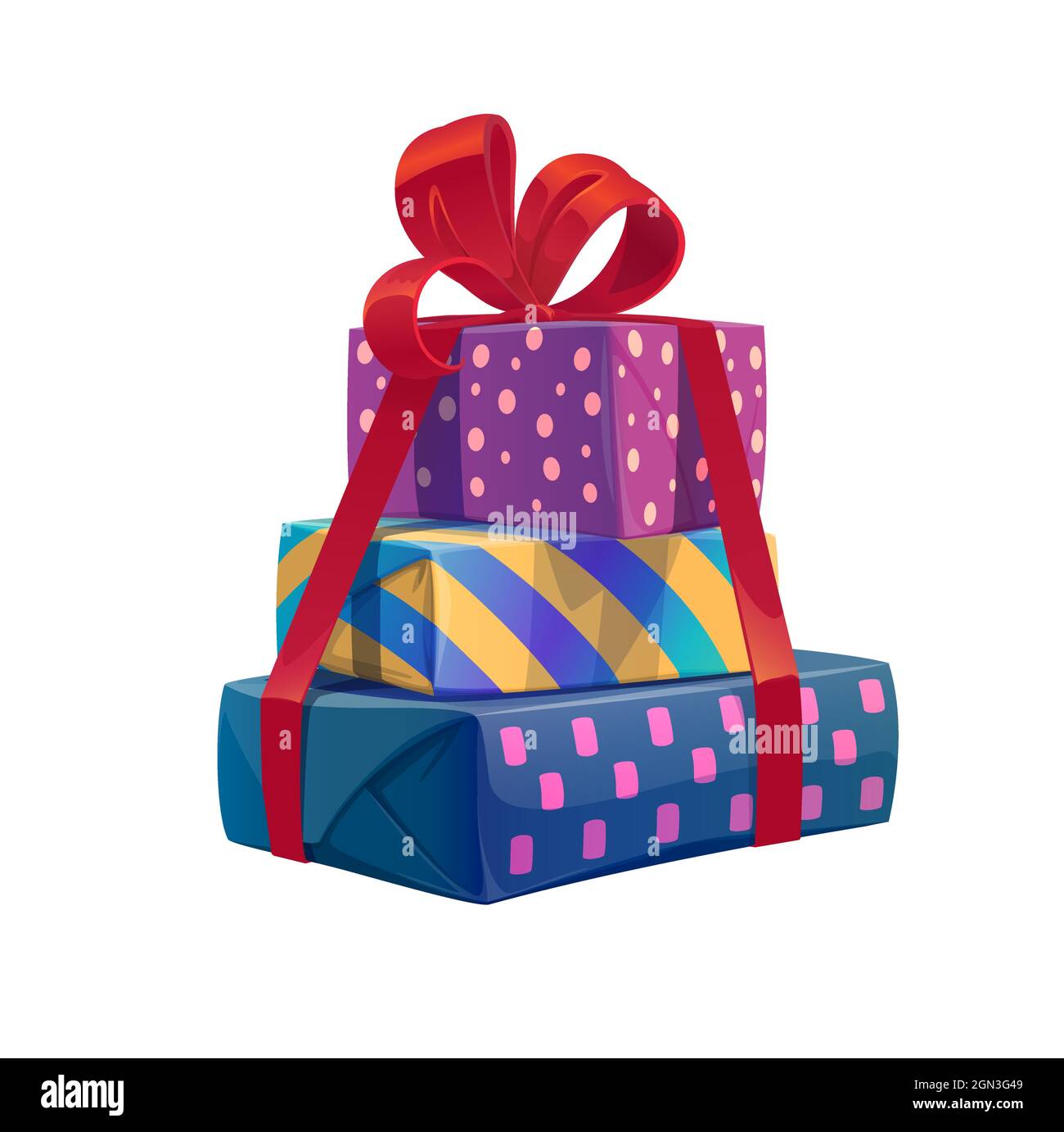 Cartoon holiday gifts stack, vector heap or pile of present boxes with red  ribbon and bow.