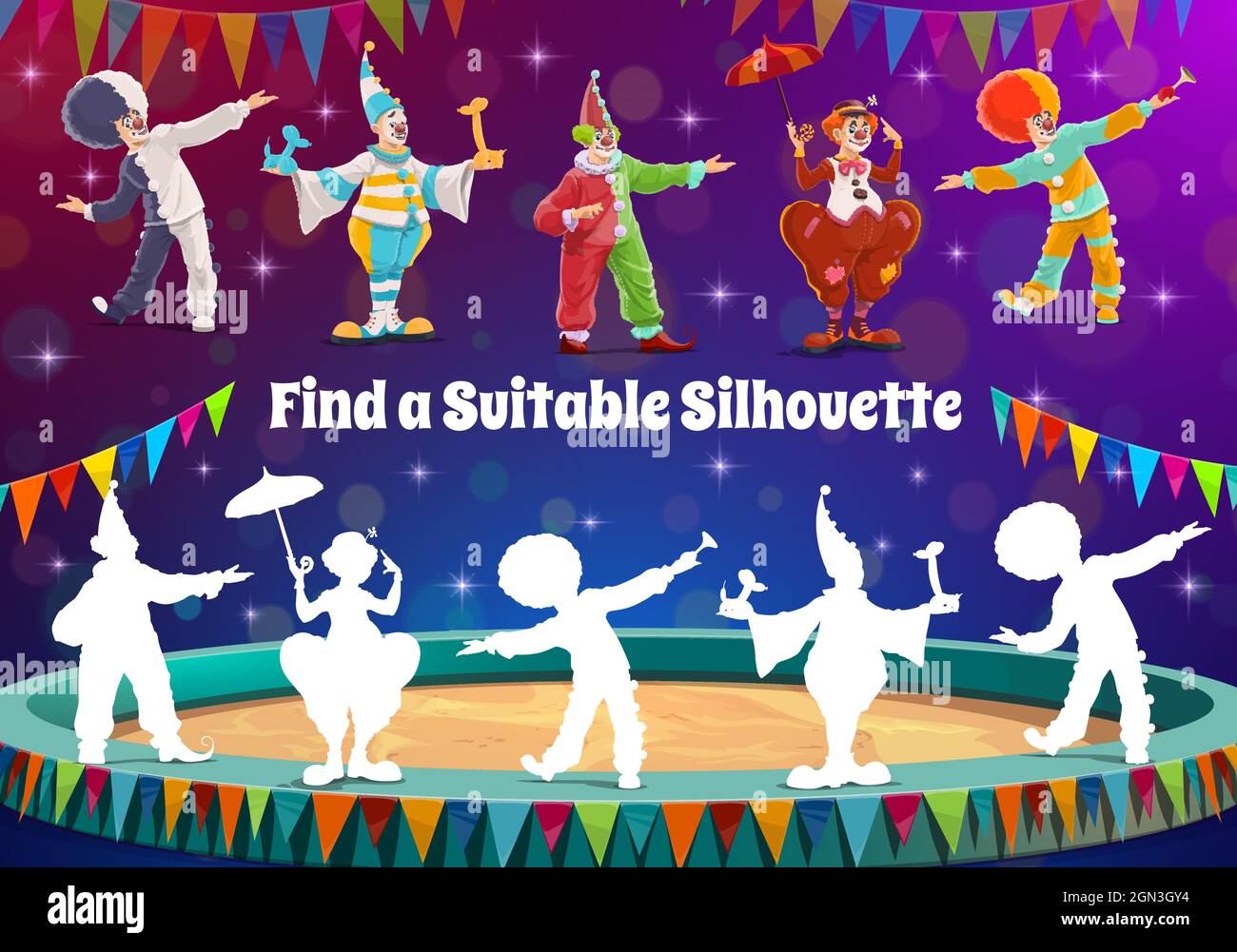 Find a circus clown silhouette, kids game or riddle to match shadow. Vector tabletop puzzle. Find and match same shadow of funfair carnival circus clowns, jesters and jokers performers on stage Stock Vector