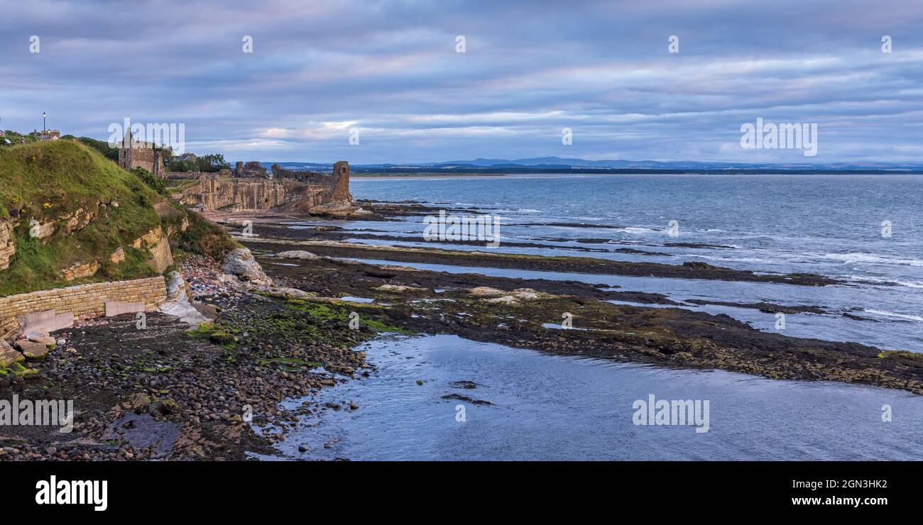 The rocky coastline of St Andrews in the Kingdom Of Fife, with Castle Beach and St Andrews Castle ruins in the distance. Taken just after sunrise. Stock Photo