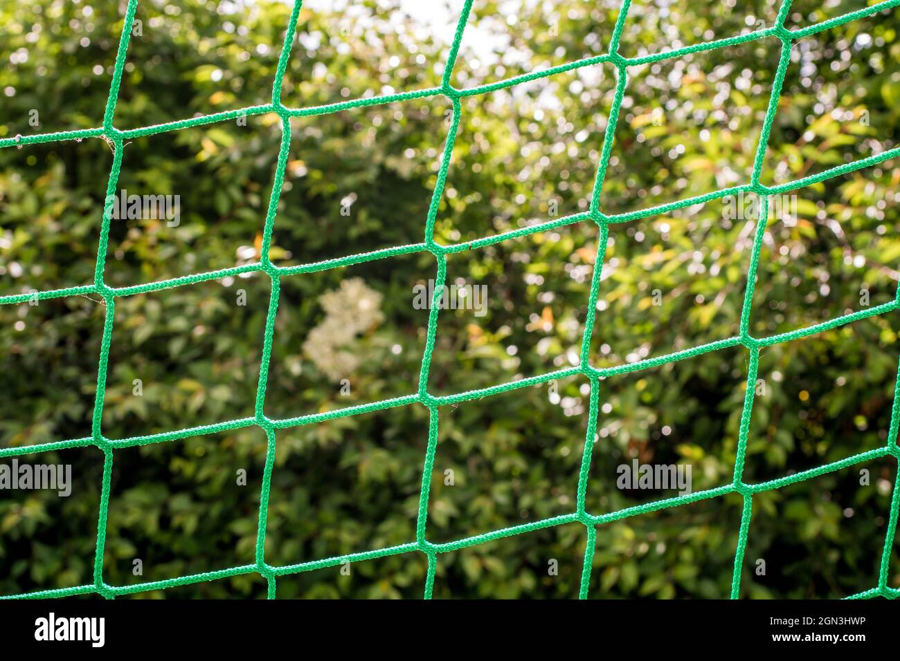 Mesh from the net of a soccer goal with green background Stock Photo