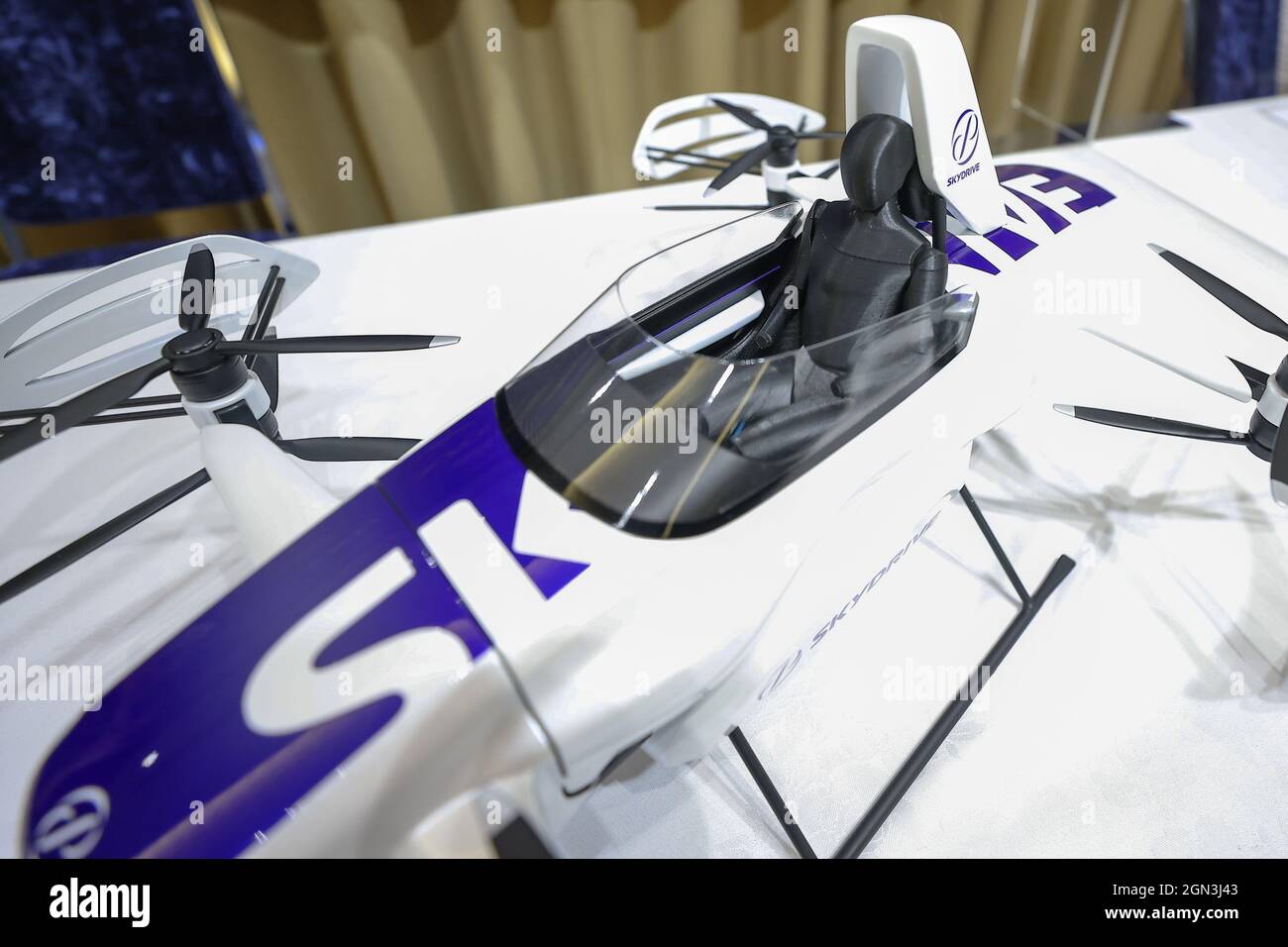 A model of the flying vehicle 'SD-03' made by SkyDrive Corporation. Photographed at the Foreign Correspondents' Club of Japan (FCCJ). on September 22, 2021 in Kanagawa, Japan. (Photo by Kazuki Oishi/Sipa USA) Stock Photo