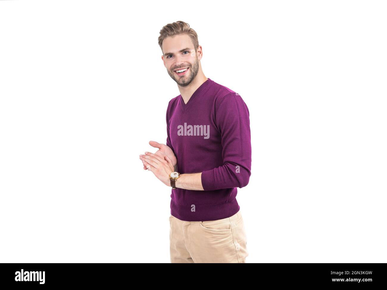 Happy young guy smile with healthy teeth in casual style isolated on white, dental Stock Photo