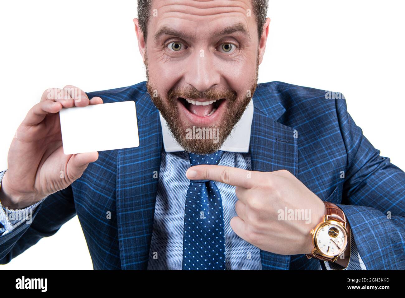 call me. contact us. businessman demonstrating credit or debit card. Stock Photo