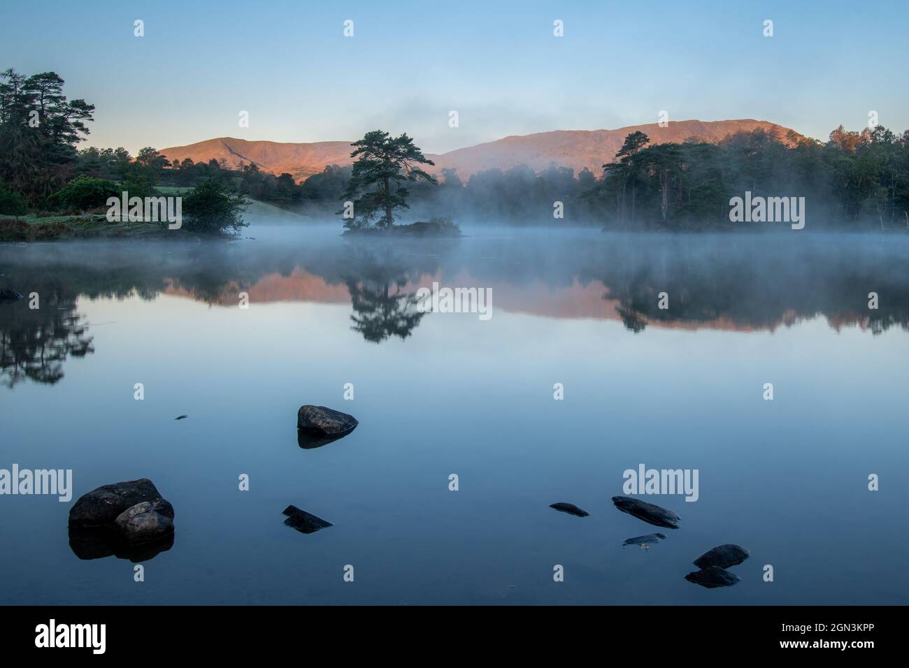 Tarn Hows on a misty September morning immediately after sunrise Stock Photo