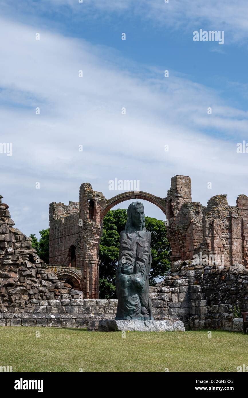 Statue of St.Cuthbert in Lindisfarne Priory on Holy Island Stock Photo