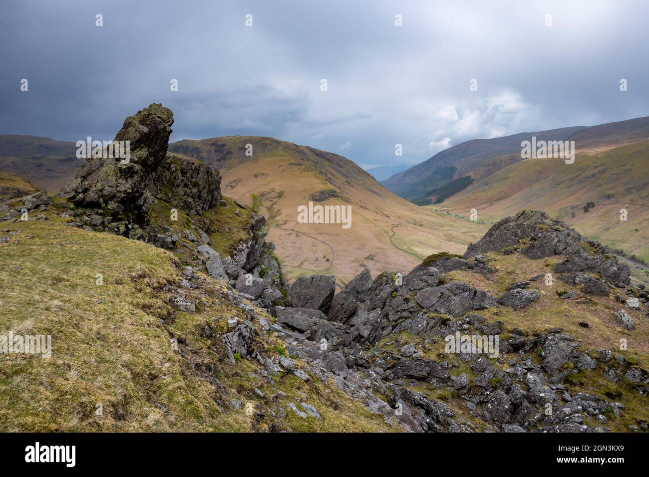 The Howitzer and Steel Fell viewed from the summit of Helm Crag near Grasmere Stock Photo