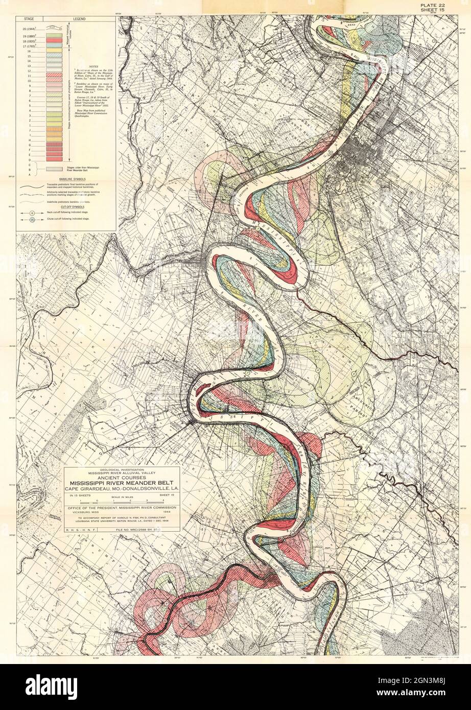 Harold Fisk Meandering Mississippi Alluvial Valley Ancient Courses  MIssissippi River Meander Belt Cape Girardeau MO to Donaldsonville LA Plate  22 Sheet 15 Stock Photo - Alamy