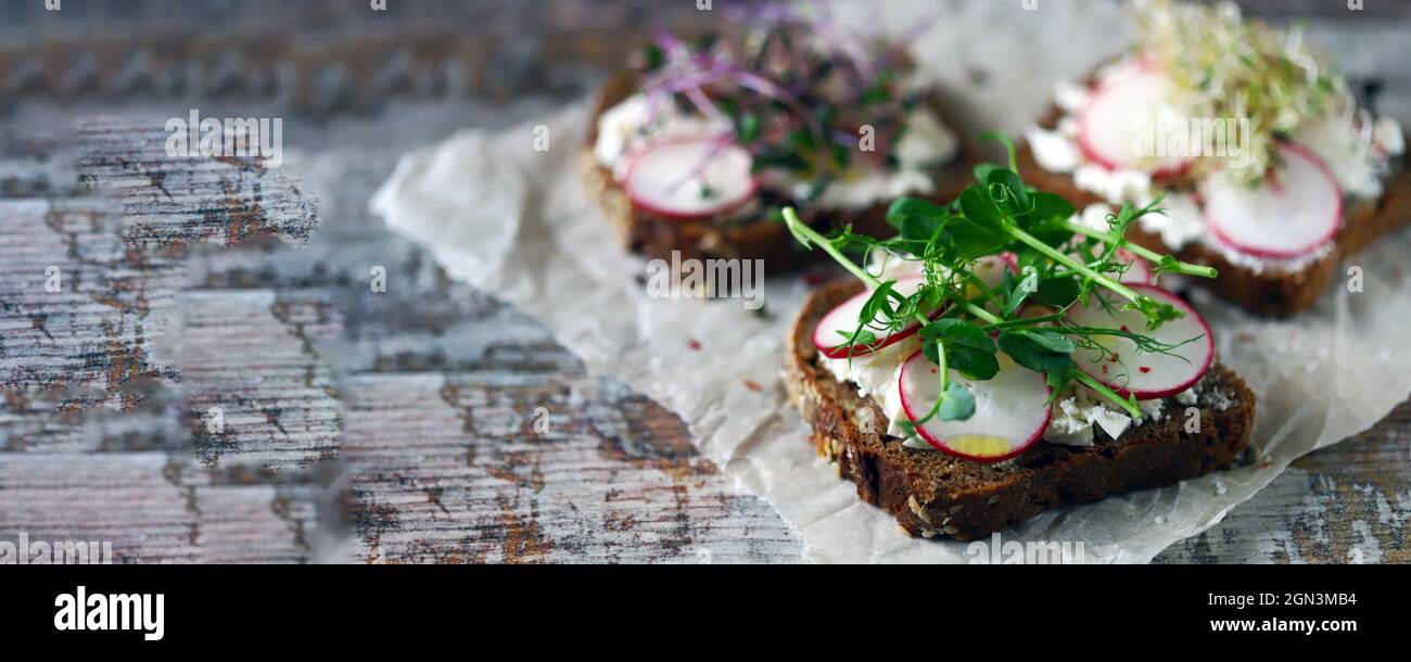Healthy toasts with white cheese radish and microgreens. Keto diet. Keto toasts. Organic food. Super food. Stock Photo