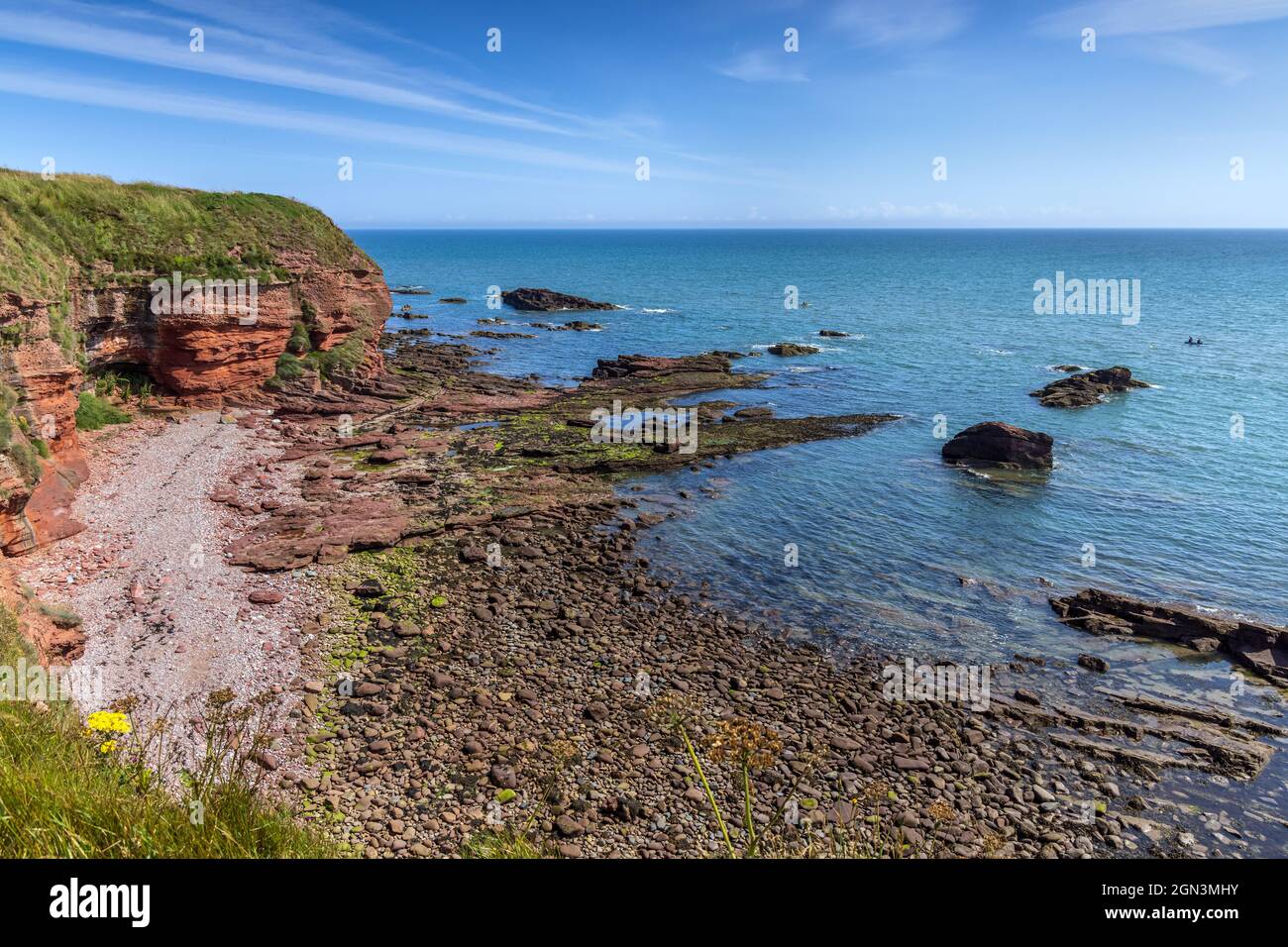 The red sandstone cliffs and rocky coastline along the Angus Coastal Path near Arbroath, Angus, Scotland. Stock Photo