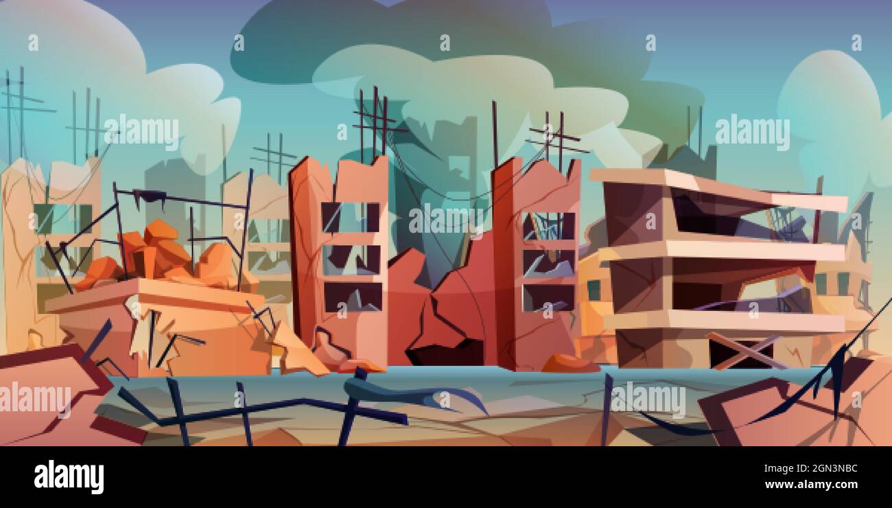 Destroyed city buildings after destruction or earthquake. Abandoned houses in war zone with smoke and cracked street. Ruins with broken road after cataclysm. Disaster landscape with cracks and damages Stock Vector