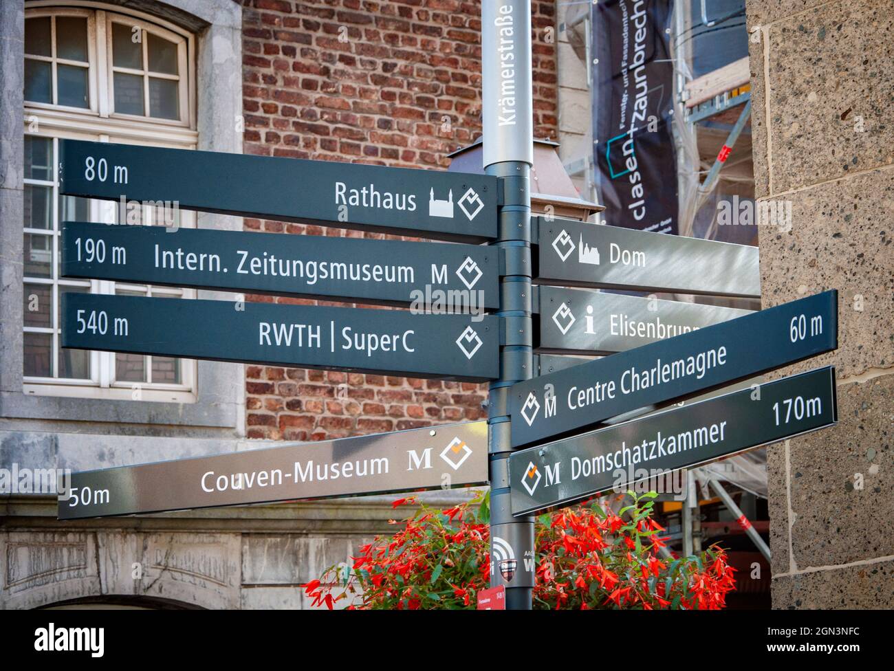 AACHEN, GERMANY. OCTOBER 04, 2020 Charlemagne Rathaus Direction signboards Stock Photo