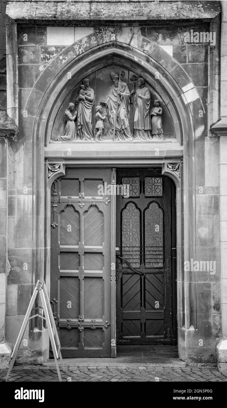 AACHEN, GERMANY. OCTOBER 04, 2020. The Town Hall Charlemagne Rathaus. Metalic wooden back door in ghotic style Stock Photo