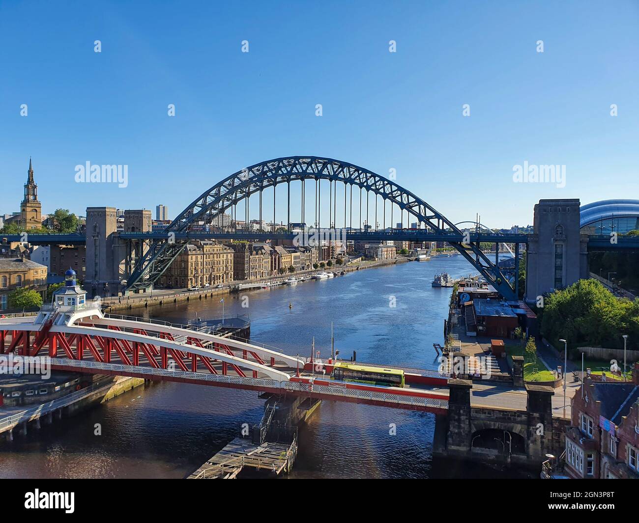 The Tyne bridge and swing bridge over the River Tyne, Newcastle Stock Photo