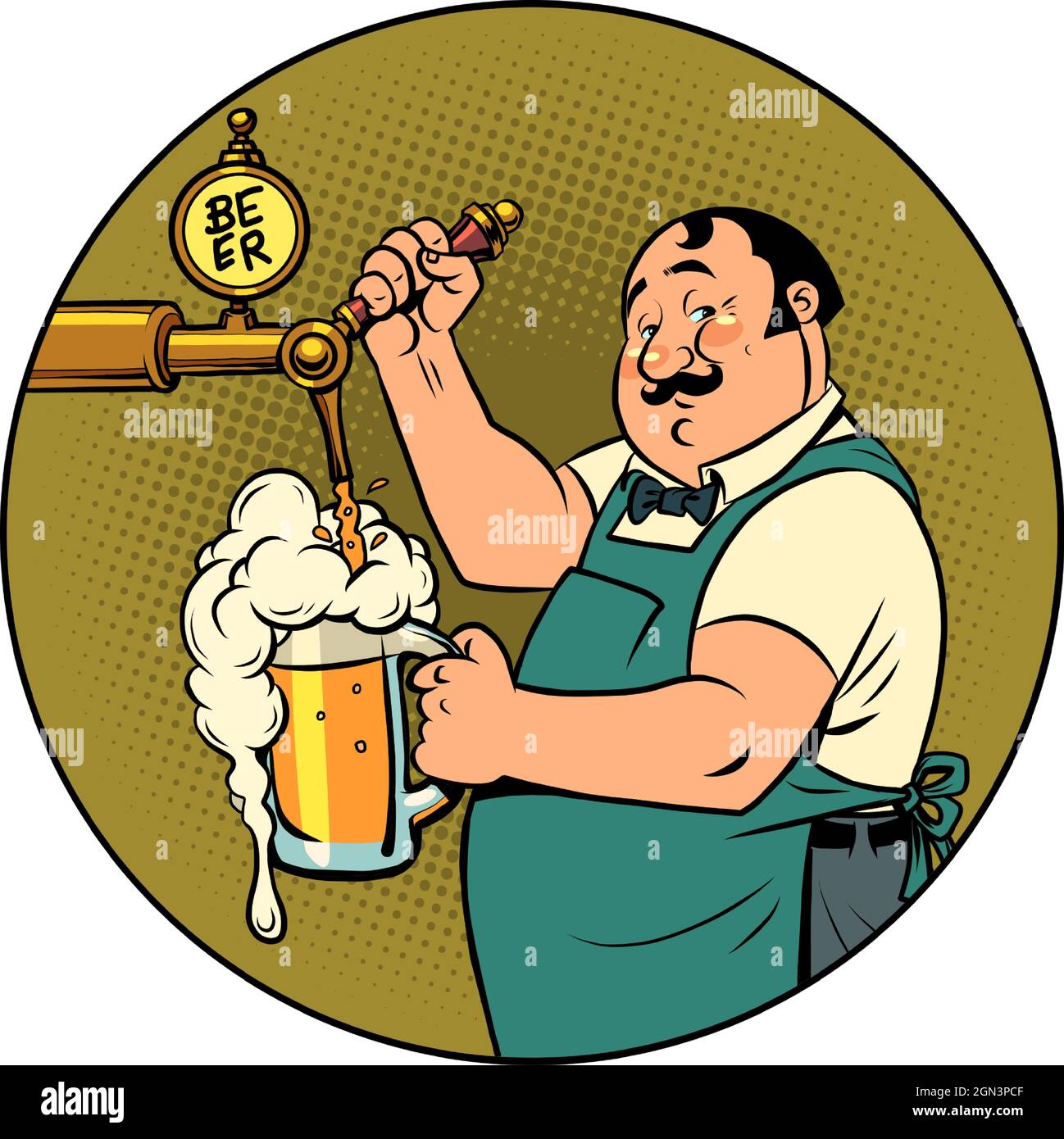 The bartender in the pub is pouring draft beer. Isolate on a white background Stock Vector