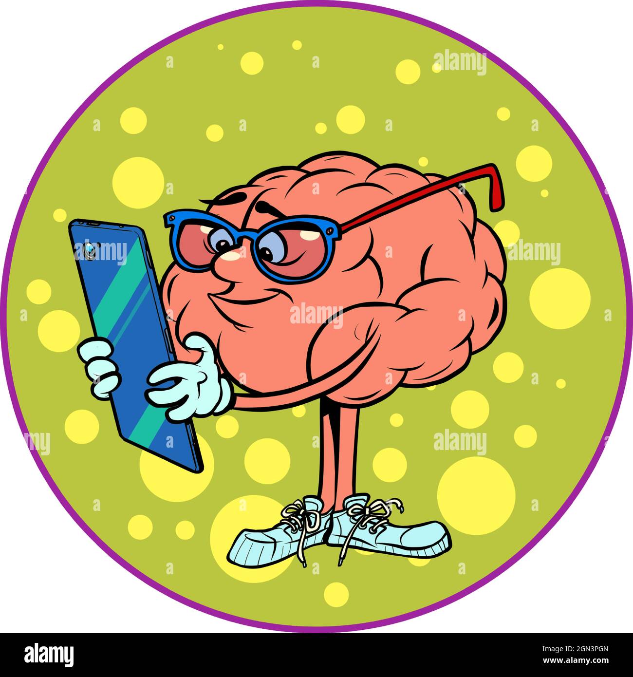 The smart guy looks at his smartphone. human brain character, smart wise Stock Vector