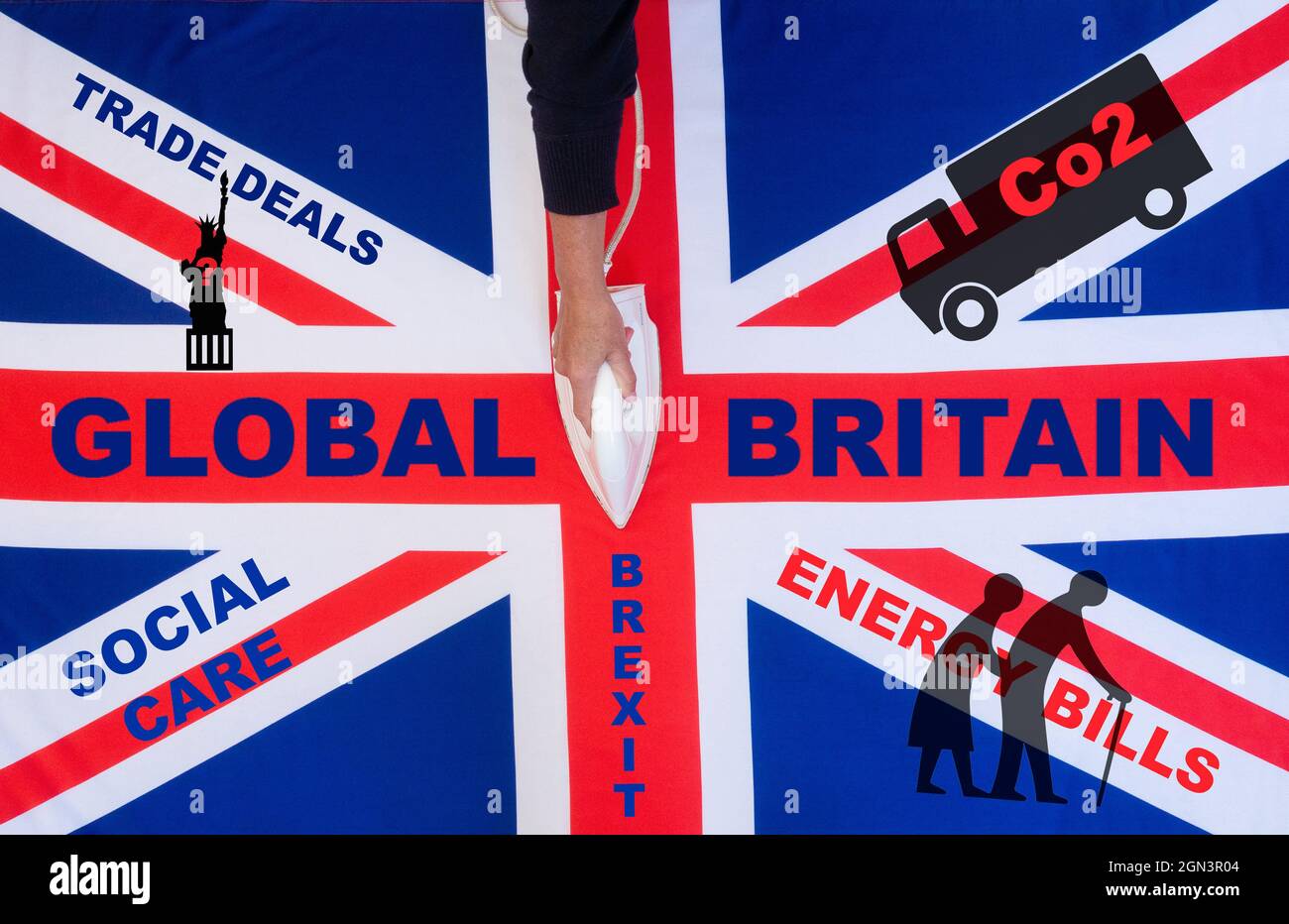Global Britain, Brexit, trade deals, social care, Co2 shortage, energy bills... concept. UK Stock Photo