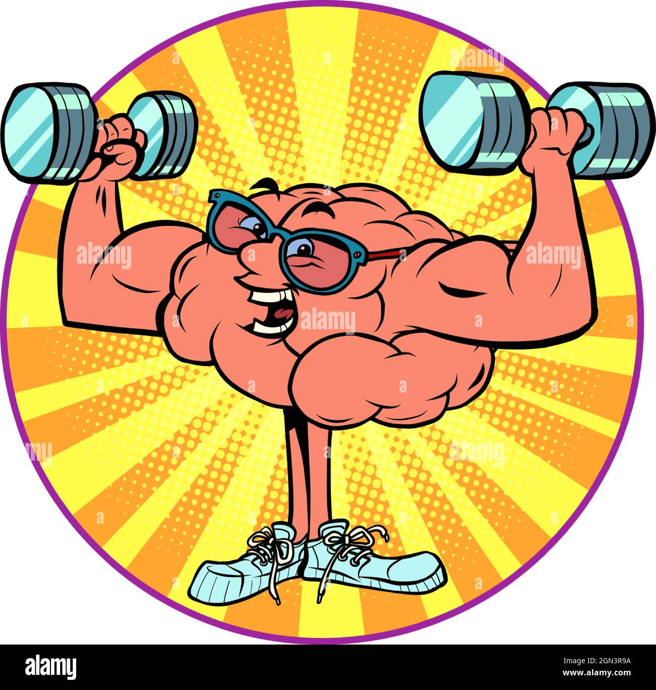 morning exercises, lifting dumbbells, weightlifting human brain character, smart wise Stock Vector