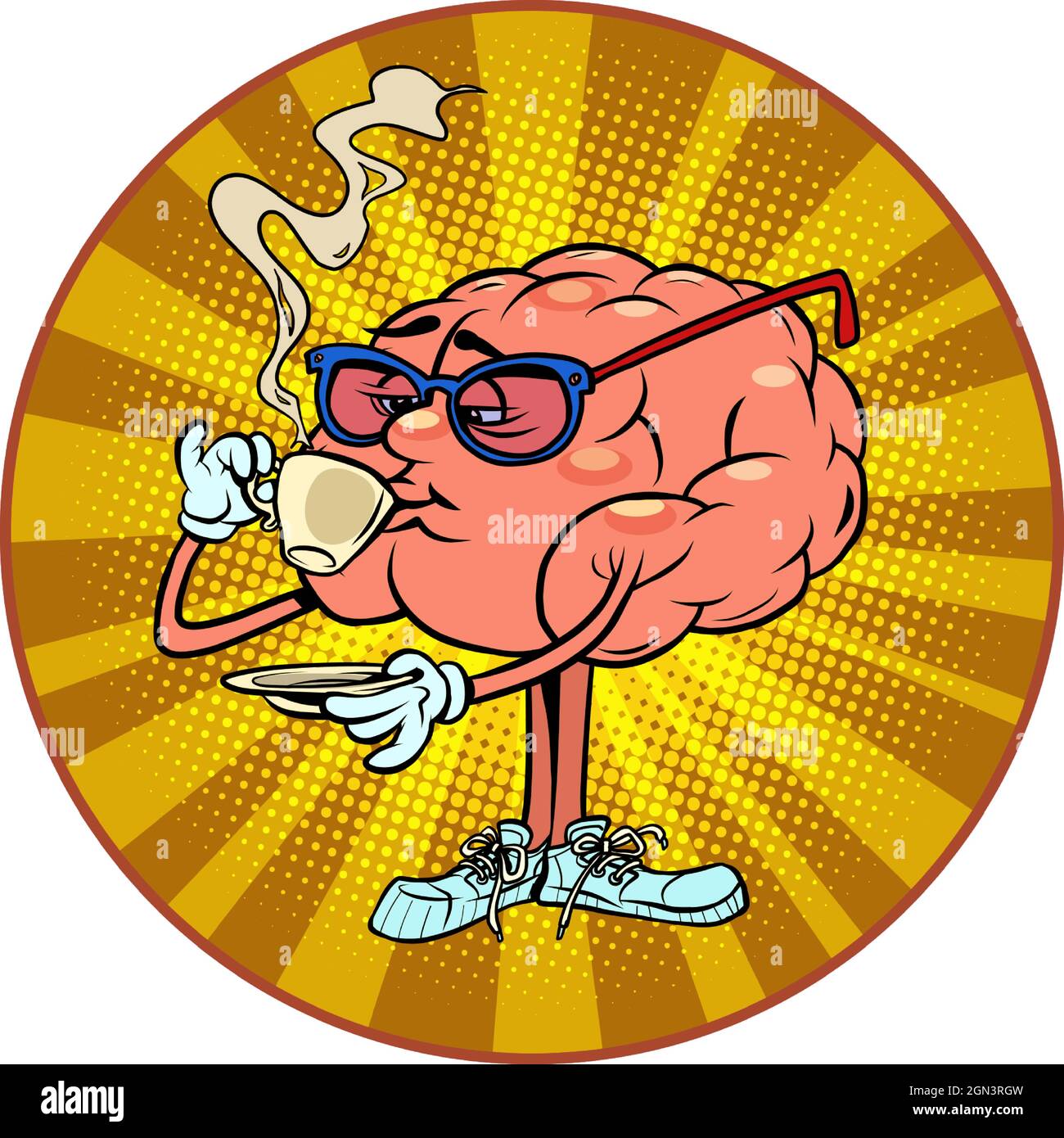 drinking a cup of hot coffee human brain character, smart wise Stock Vector