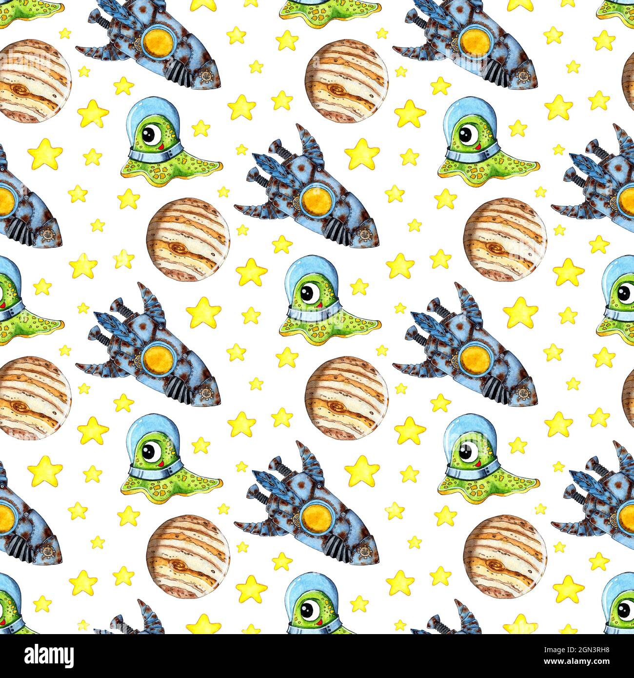 Watercolor illustration pattern alien in a spacesuit in space, stars ...