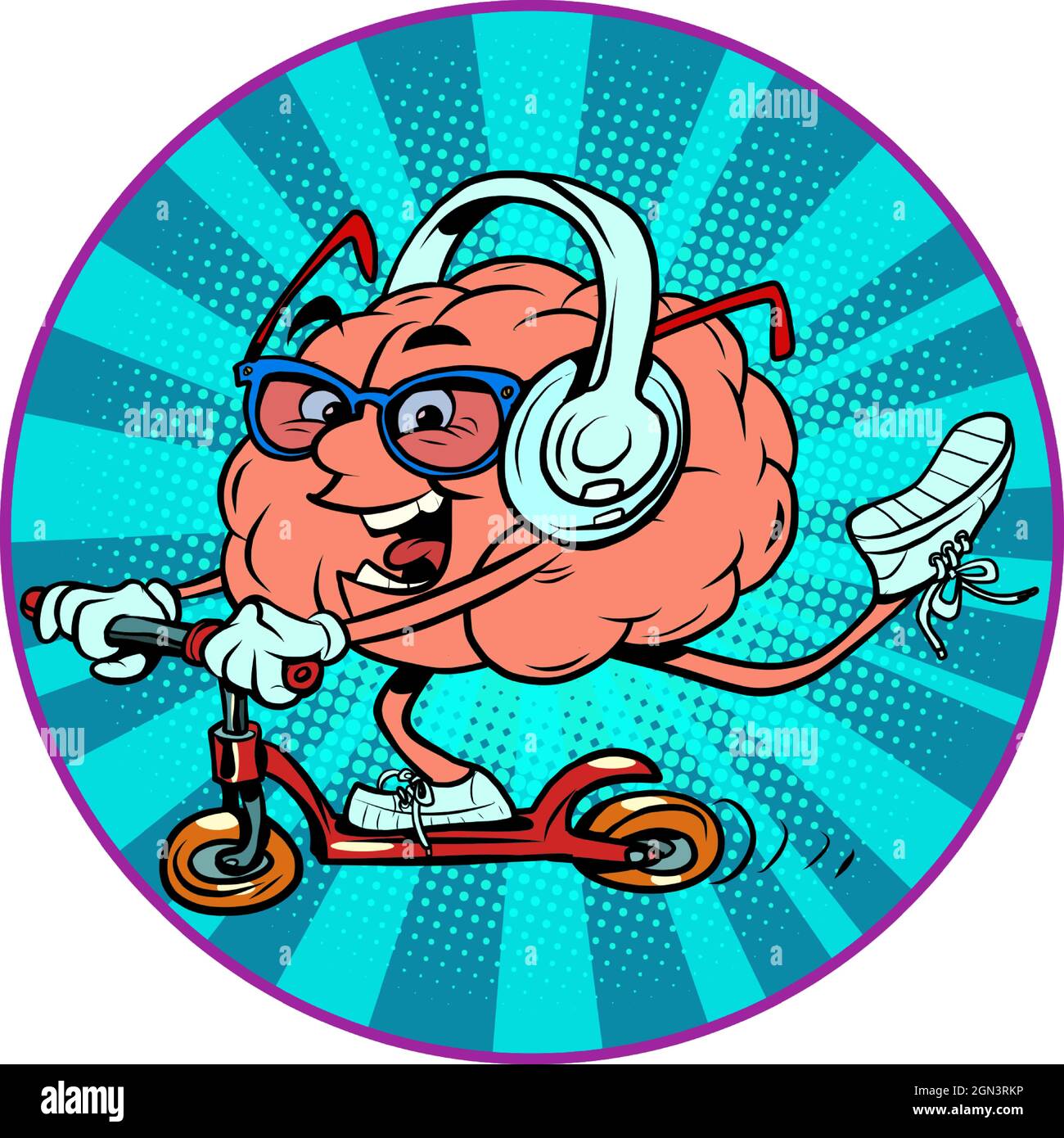 rides a scooter and listens to music human brain character, smart wise Stock Vector